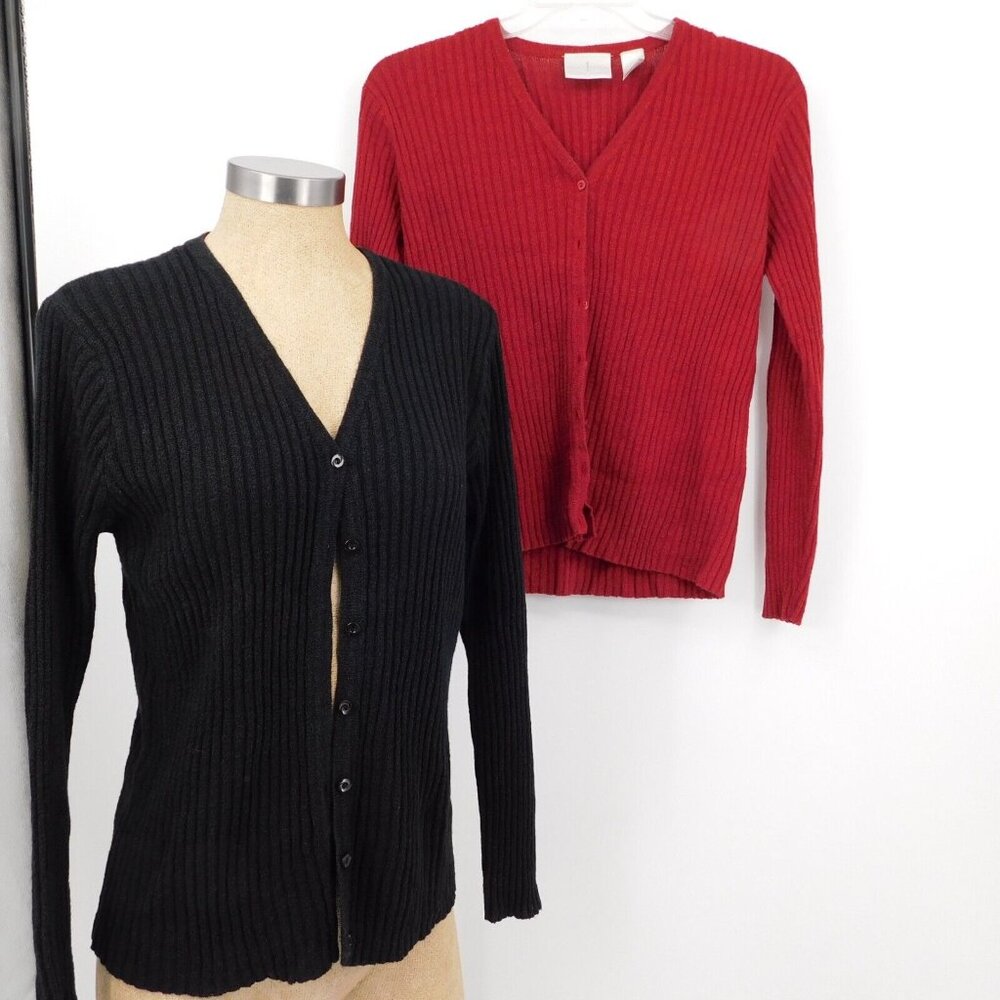 2 First Issue Women Long Sleeve Cardigan Sweater Size L Black Red Liz Claiborne